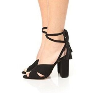 Schutz heels Women 8.5 Shoes Revolve Black Suede Tassel Block Open Toe Strappy